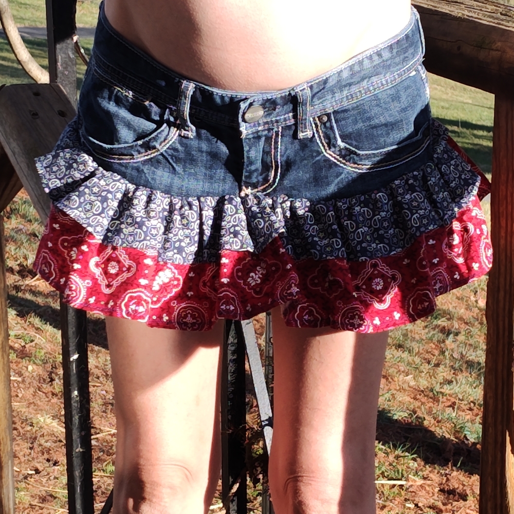 Upcycled Maurices Denim Mini Skort With Handmade Added Paisley Bandana